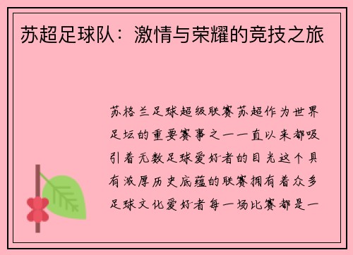苏超足球队：激情与荣耀的竞技之旅