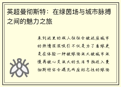 英超曼彻斯特：在绿茵场与城市脉搏之间的魅力之旅